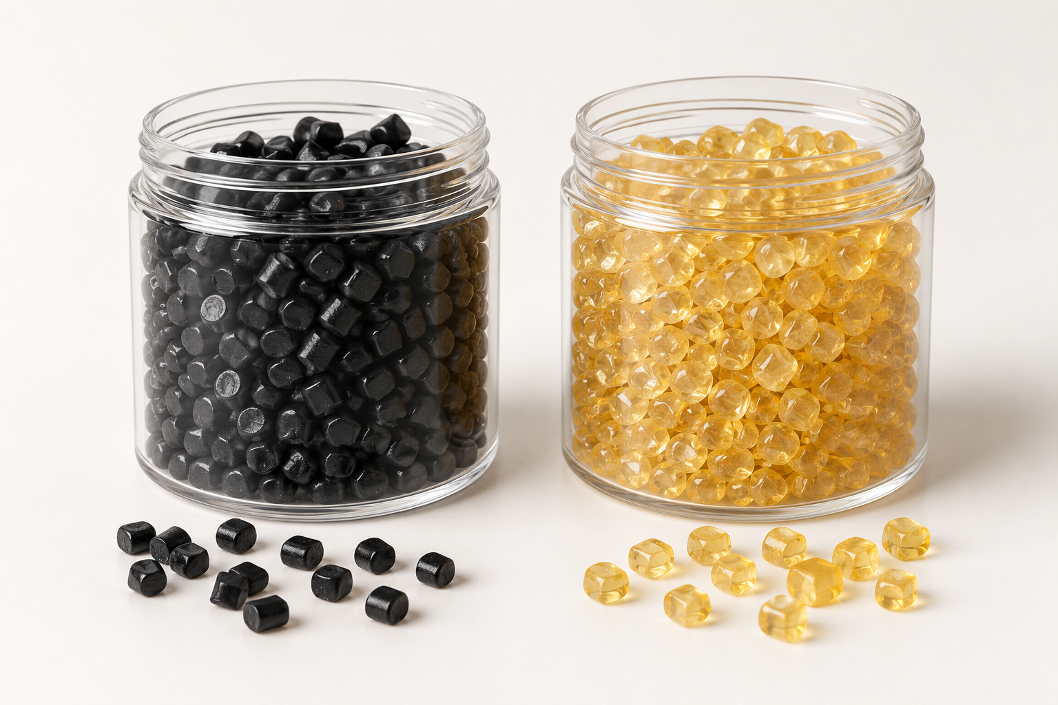 Two jars of black and amber resin pellets